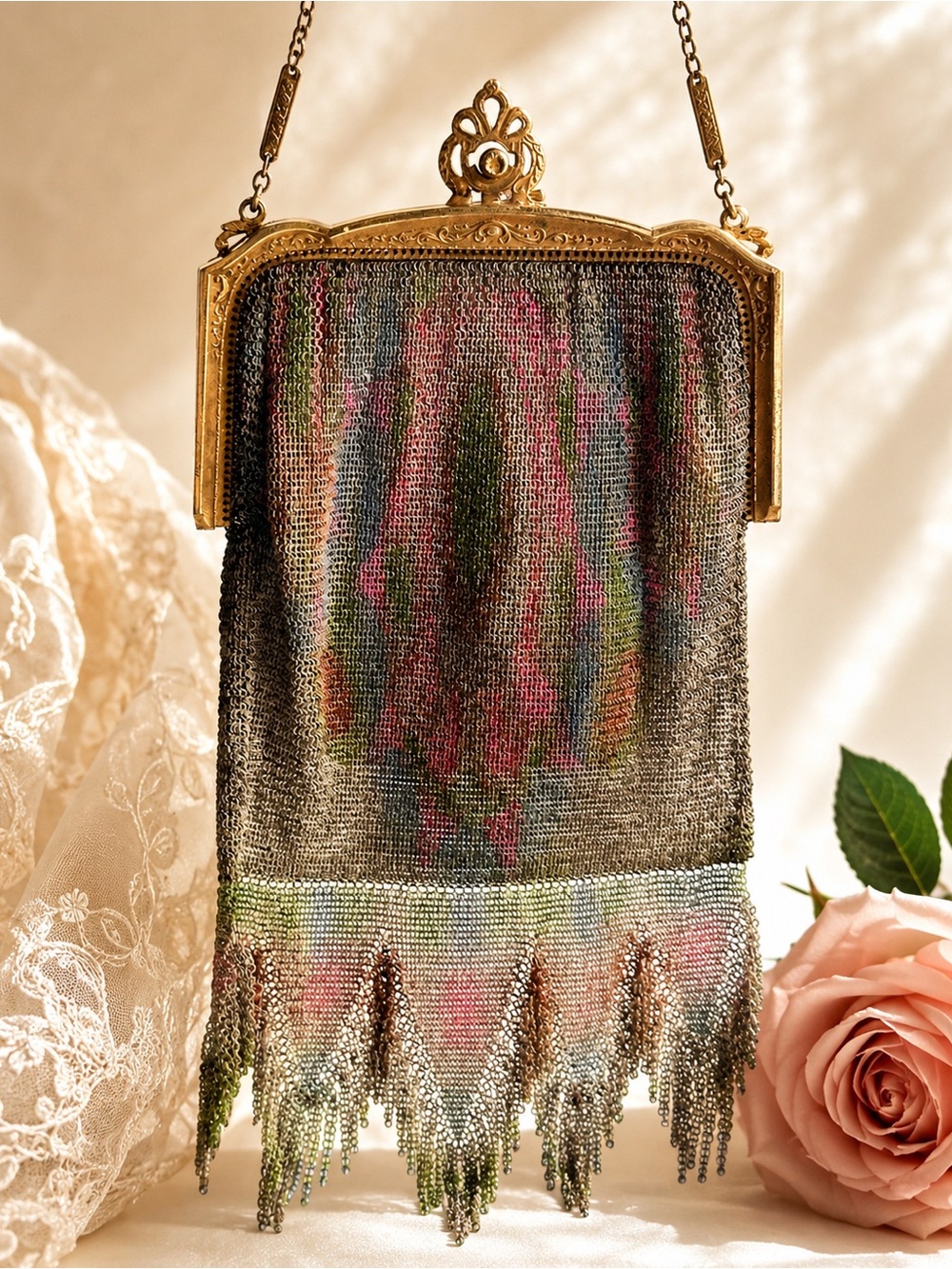 Edwardian Vintage Whiting & Davis Style Floral Mesh Fringe Evening Bag Art Deco